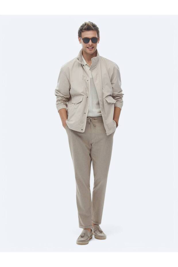 Bej Oversize Fit Dik Yaka Casual Dokuma Mont - 5