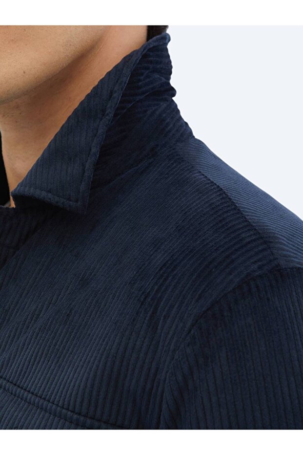 Lacivert Fitilli Regular Fit Dokuma Kadife Overshırt - 5