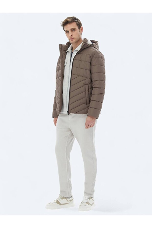 Bej Regular Fit Kapüşonlu Casual Dokuma Mont - 2