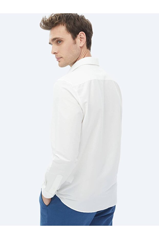 Ekru Düz Regular Fit Dokuma Casual Pamuk Karışımlı Gömlek - 8