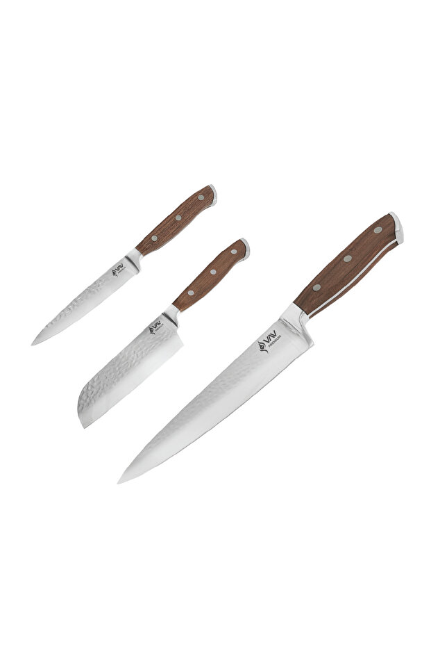 Premium 3-Piece Knife Set Chef, Santoku & Utility with Walnut Handle & Hammered Steel