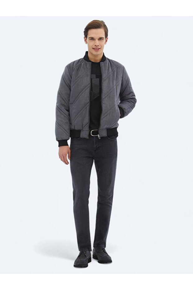 Antrasit Regular Fit Dik Yaka Casual Dokuma Mont - 3