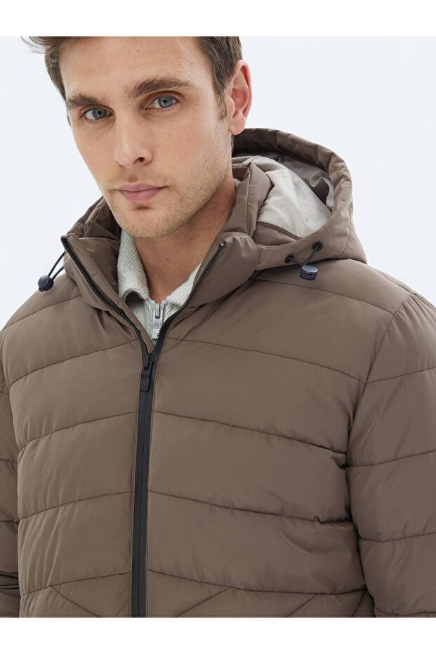 Bej Regular Fit Kapüşonlu Casual Dokuma Mont - 5