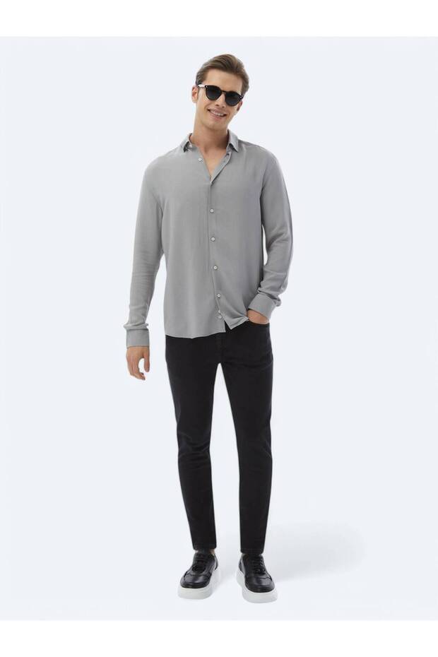 Gri Düz Regular Fit Dokuma Casual Gömlek - 2