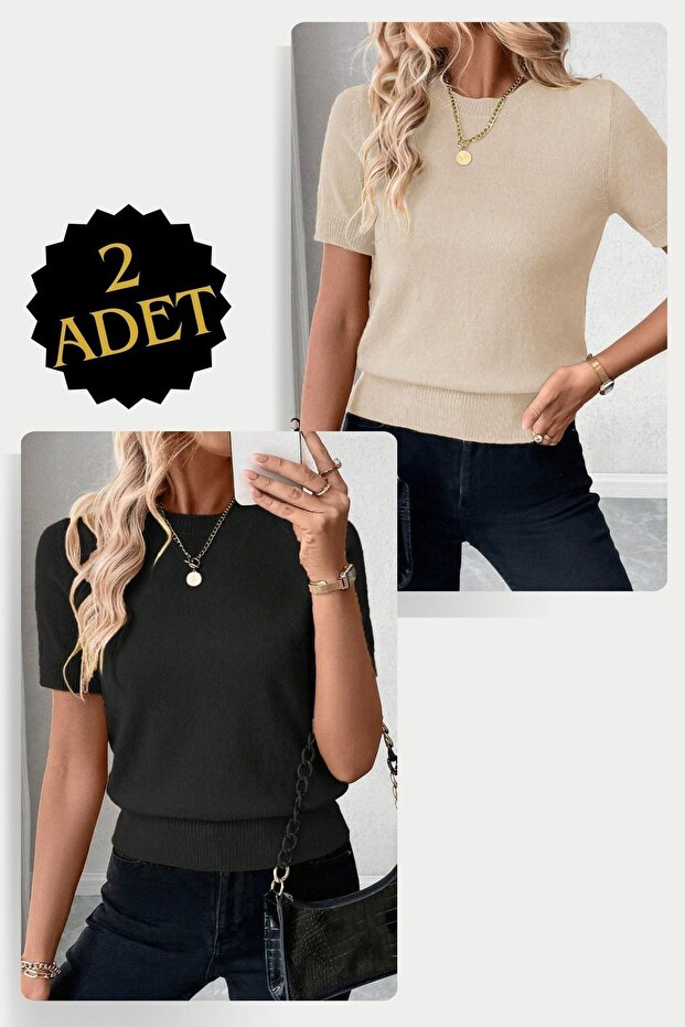 2 Pieces Short Sleeve Lycra Crew Neck Blouse Black Mink
