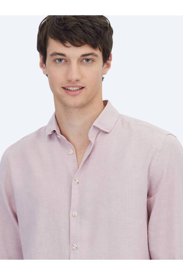 Pembe Düz Regular Fit Dokuma Casual Pamuk Karışımlı Gömlek - 3