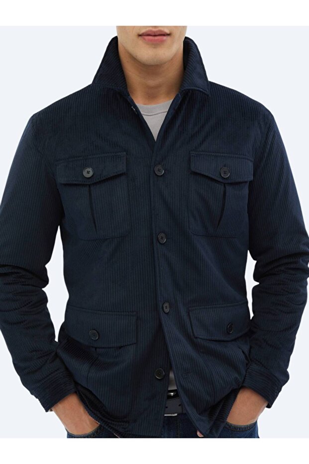 Lacivert Fitilli Regular Fit Dokuma Kadife Overshırt - 4