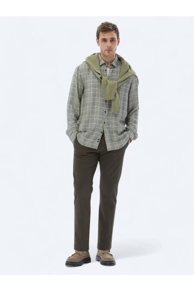 Bej Kareli Regular Fit Dokuma Casual Gömlek - 3