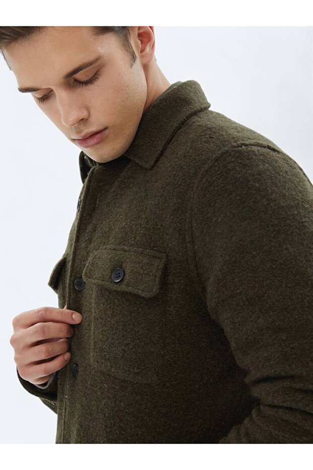 Haki Regular Fit Gömlek Yaka Casual Örme Mont - 4