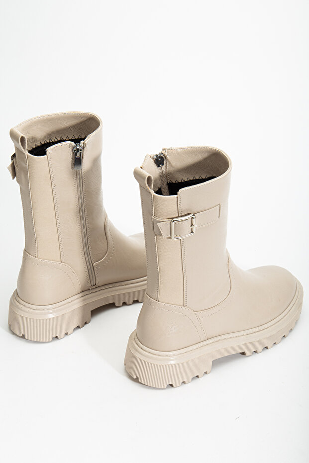 Beige Women's Boots with Elastic Buckle