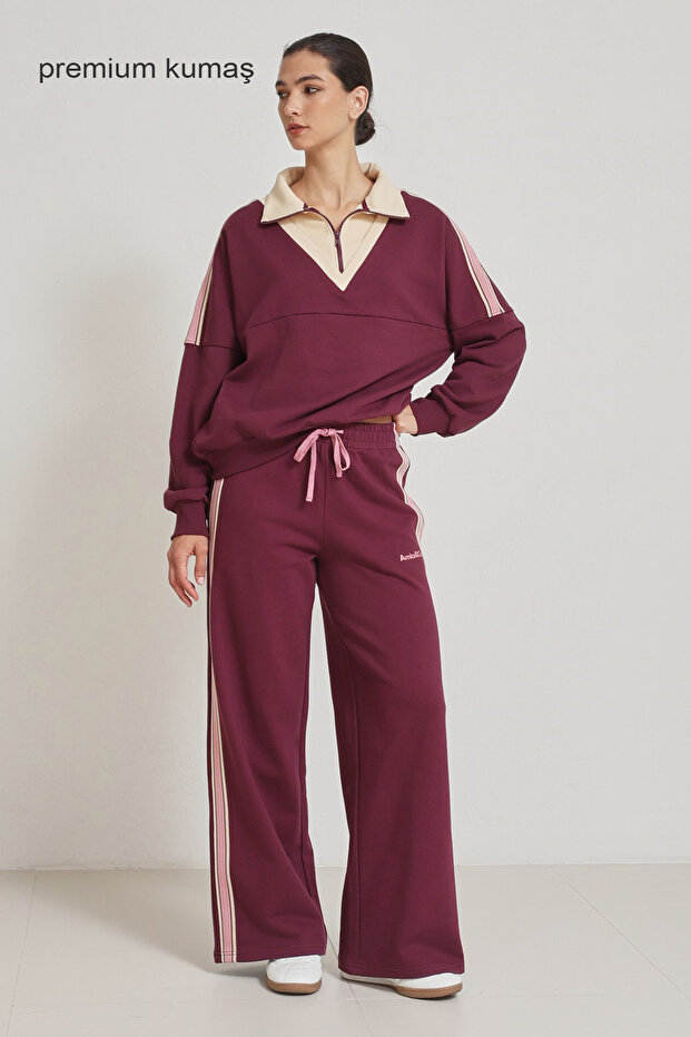 Fuchsia-Cream Half-High Neck Sweatshirt with Elastic Waist Double Basic Premium Set