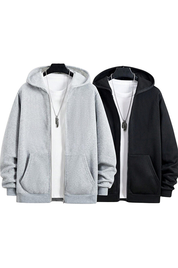 Men's Black Gray Hooded Zip-Up Sweatshirt 2-Piece Set