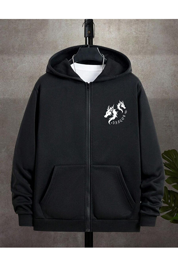 Men's Black Hooded Zip-Up Oversized Brushed Inside Printed Sweatshirt Winter School Cardigan