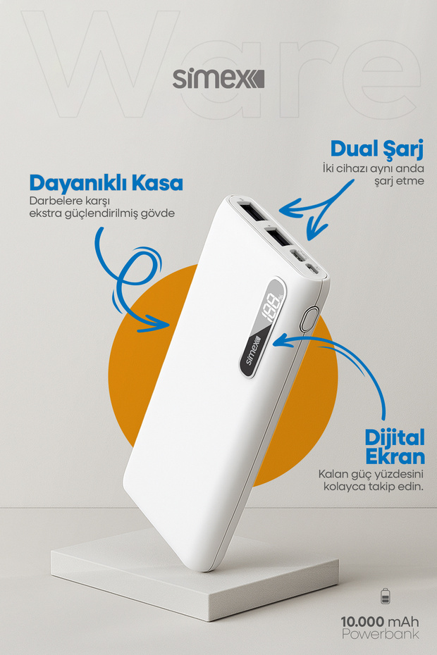 Ware 10.000 mAh Dijital Ekranlı Powerbank - Dual Şarj, Type-C & Micro USB, Hızlı Şarj Destekli - 2