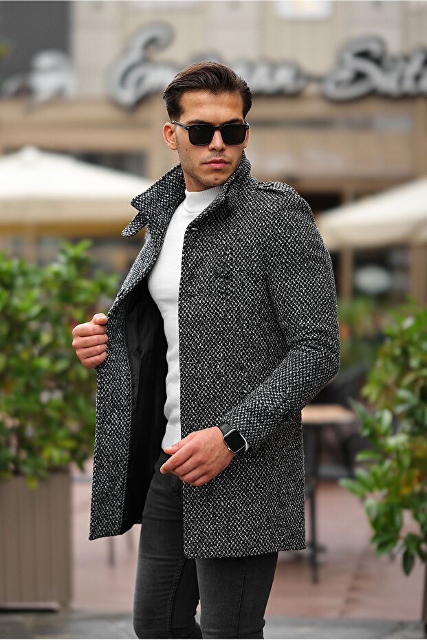 Men's Slim Fit Open Pattern Long Cashmere Coat