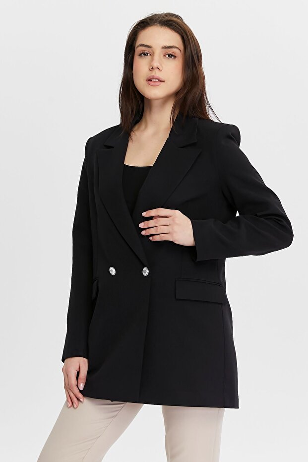Black Oversize Woven Blazer Jacket