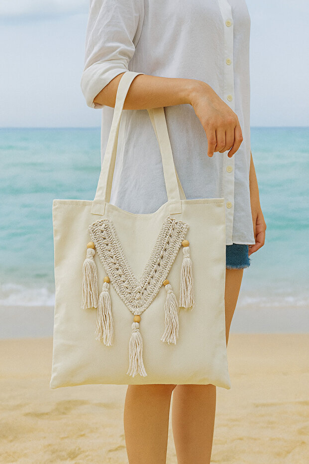 Linen Fabric Macrame Knitted Shoulder & Beach Bag (Color Cream)