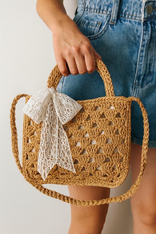 Design Hand Knitted Paper Rope Scarf Detailed Women's Shoulder and Hand Bag (Medium Size)