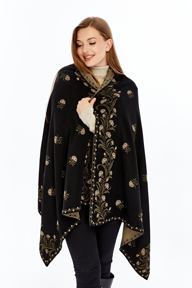 Carnation Pattern Black-Khaki-Camel Knitwear Shoulder Shawl, Knitwear Shawl, Shawl, Women, Young, Mother Shawl, 75X180 cm