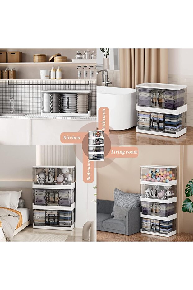 Foldable Stackable Storage Box Organizer Set of 4 with Doors and Wheels with Removable Lid - 5