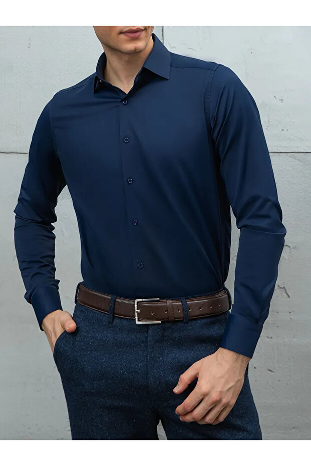 Slim Fit Long Sleeve Easy Ironing Sweat Absorbent Breathable Texture Tie-Dye Navy Blue Men's Shirt