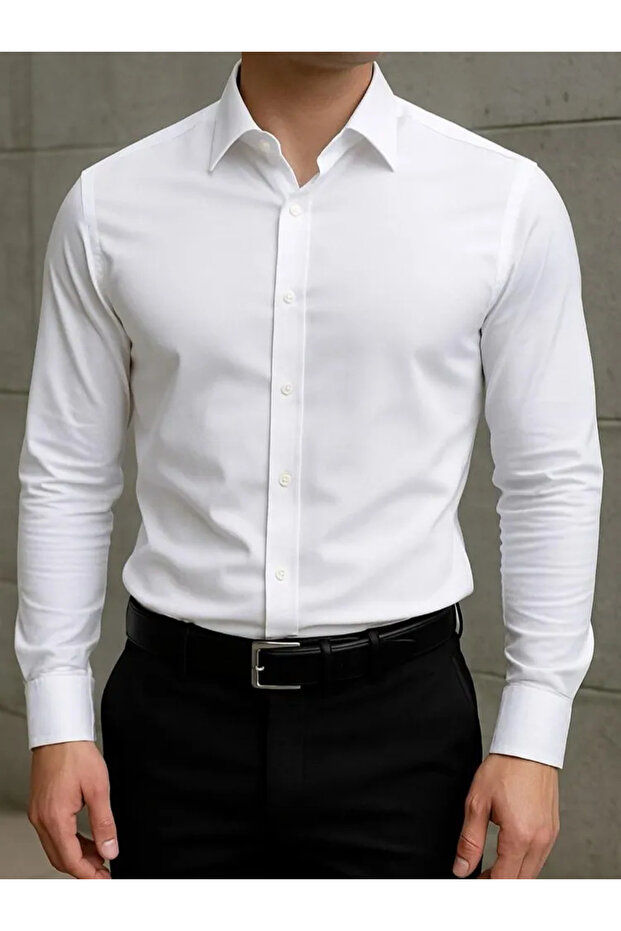 Slim Fit Long Sleeve Easy Iron Sweat-Absorbent Breathable Texture Tie White Men's Shirt