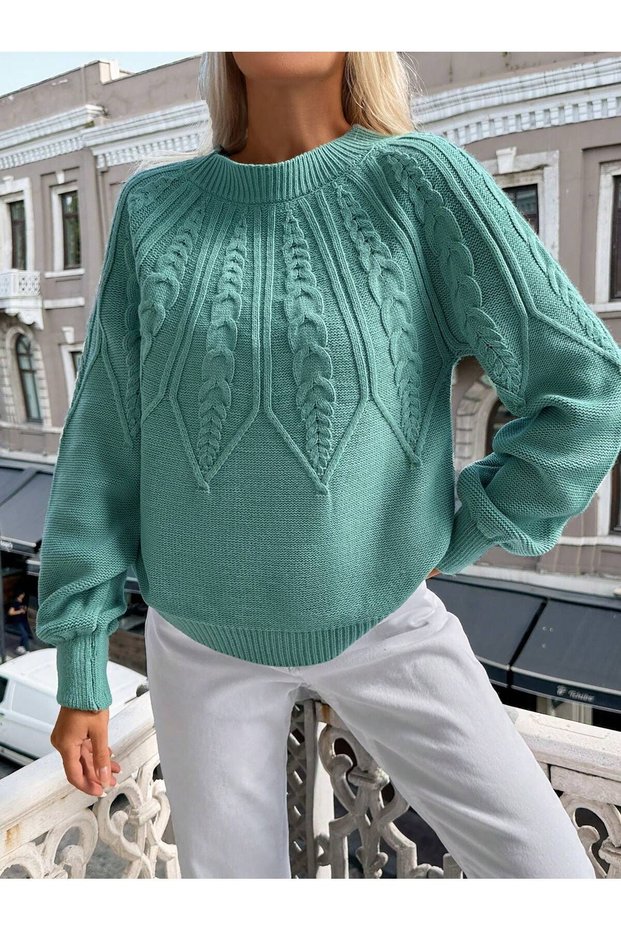 Braided Crew Neck Italian Sleeve Knitwear Sweater MINT