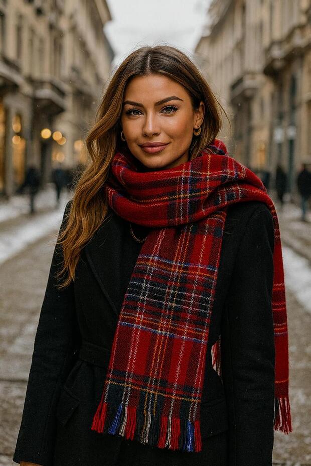 Red Line Patterned Women's Shawl