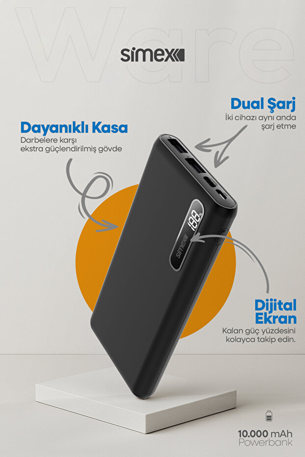 Ware 10.000 mAh Dijital Ekranlı Powerbank - Dual Şarj, Type-C & Micro USB, Hızlı Şarj Destekli - 2