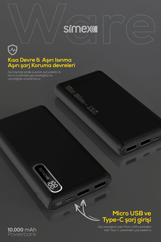 Ware 10.000 mAh Dijital Ekranlı Powerbank - Dual Şarj, Type-C & Micro USB, Hızlı Şarj Destekli - 4