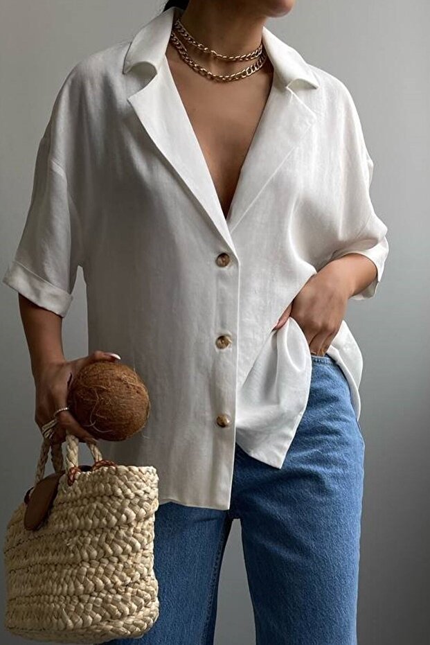 Women's White Jacket Collar Button Detailed Linen Shirt 23s18023