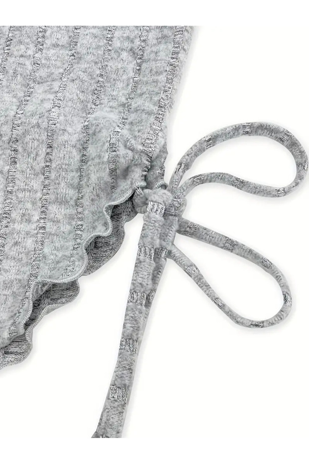 Grey Strapless Asymmetrical Lycra Side Drawstring Blouse Bottom Top Suit, Stretchy Fabric Gray Drawstring Strapless Suit - 5