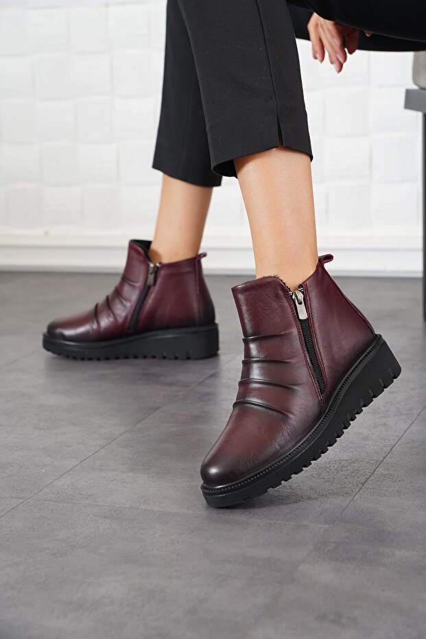 Vande front pleated zippered women's genuine leather boots burgundy skin