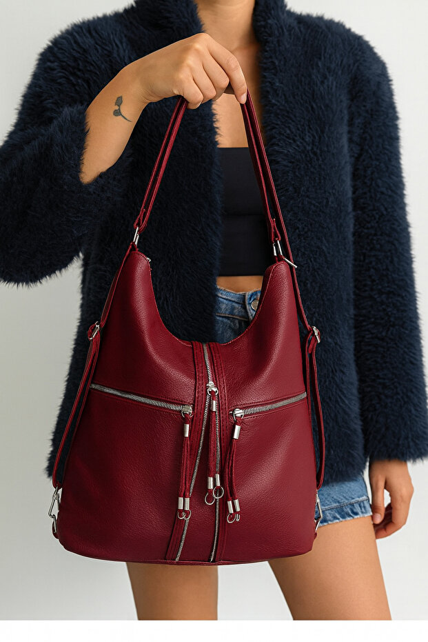 Soft Faux Leather Cherry Women's Bag Suitable for Hand, Shoulder and Back Use (Width 33 Length 39 cm)