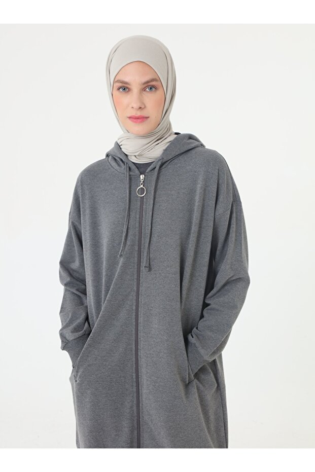 Basic Fermuarlı Kapüşonlu Sweatshirt - Antrasit - - 2