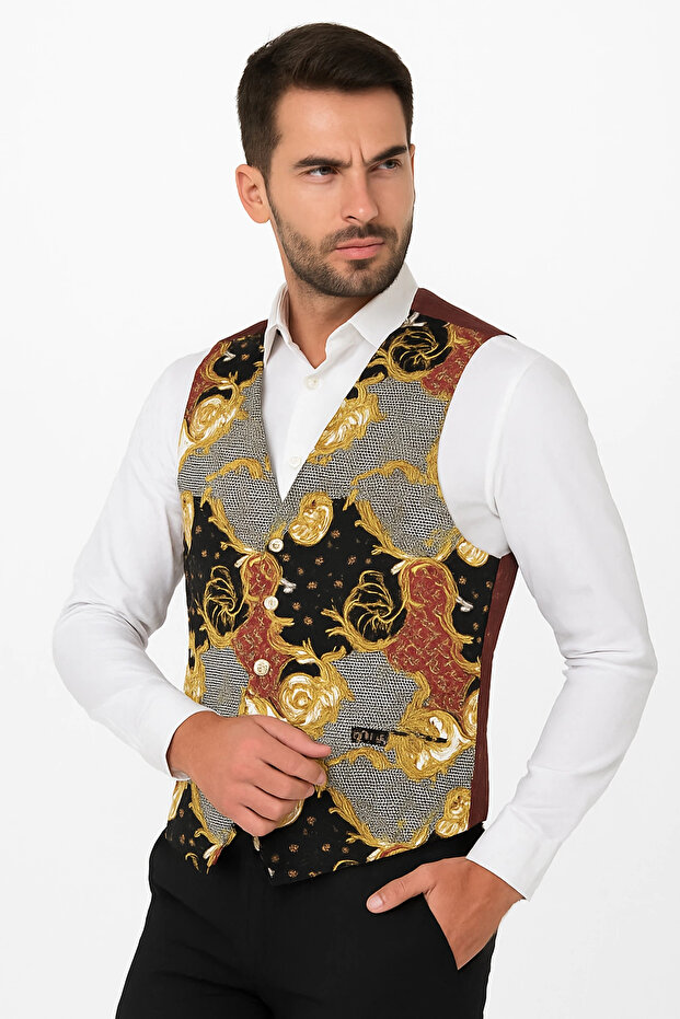 Astarlı İki Cepli Garson Yeleği Şal Desenli Şık ve Fonksiyonel Hizmet Sektörü Kıyafeti - 1