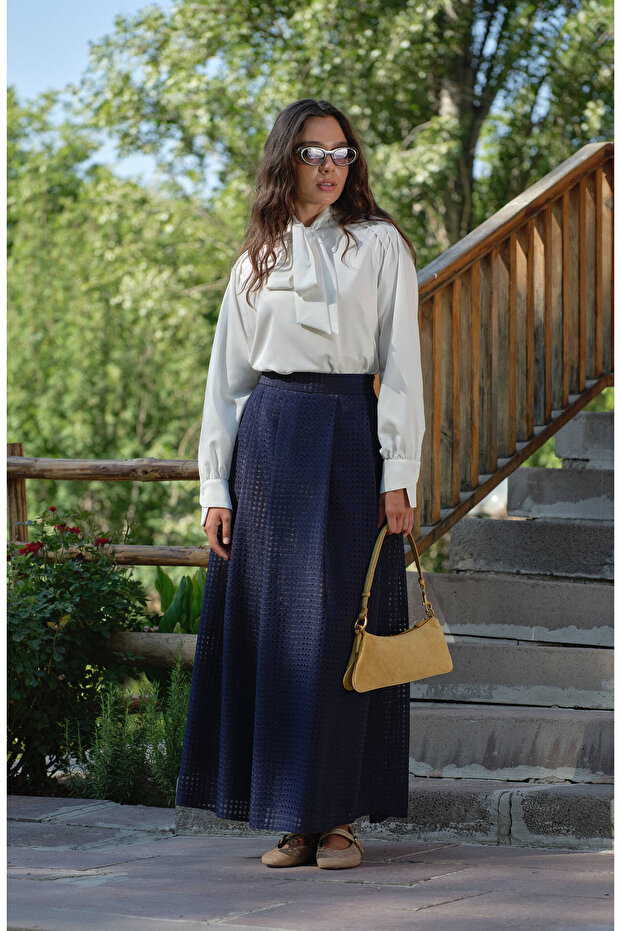 Organze Lacivert Çift Pile Etek - 1