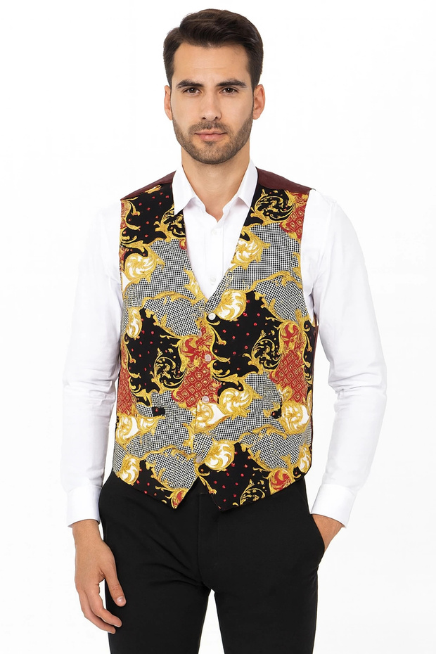 Astarlı İki Cepli Garson Yeleği Şal Desenli Şık ve Fonksiyonel Hizmet Sektörü Kıyafeti - 3