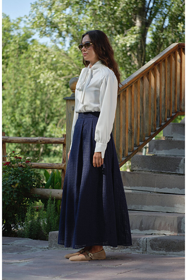 Organze Lacivert Çift Pile Etek - 2