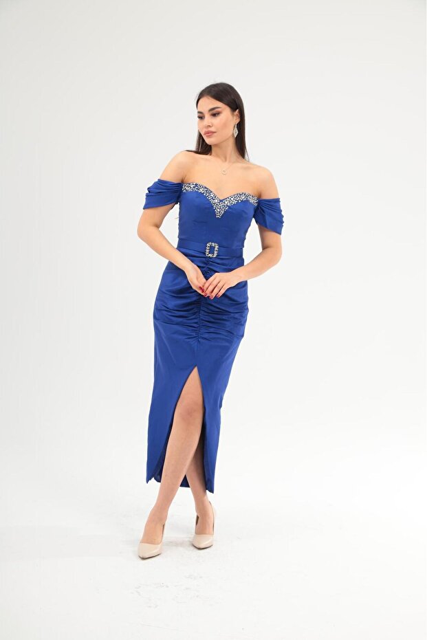 Straplez Yaka Taş İşlemeli Dekolteli Yırtmaçlı Uzun Abiye Elbise / Özel Davet Nişan Elbisesi - 3