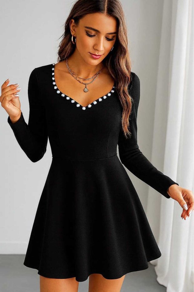Women's Lapel Pearl Detailed Long Sleeve Crepe Dress