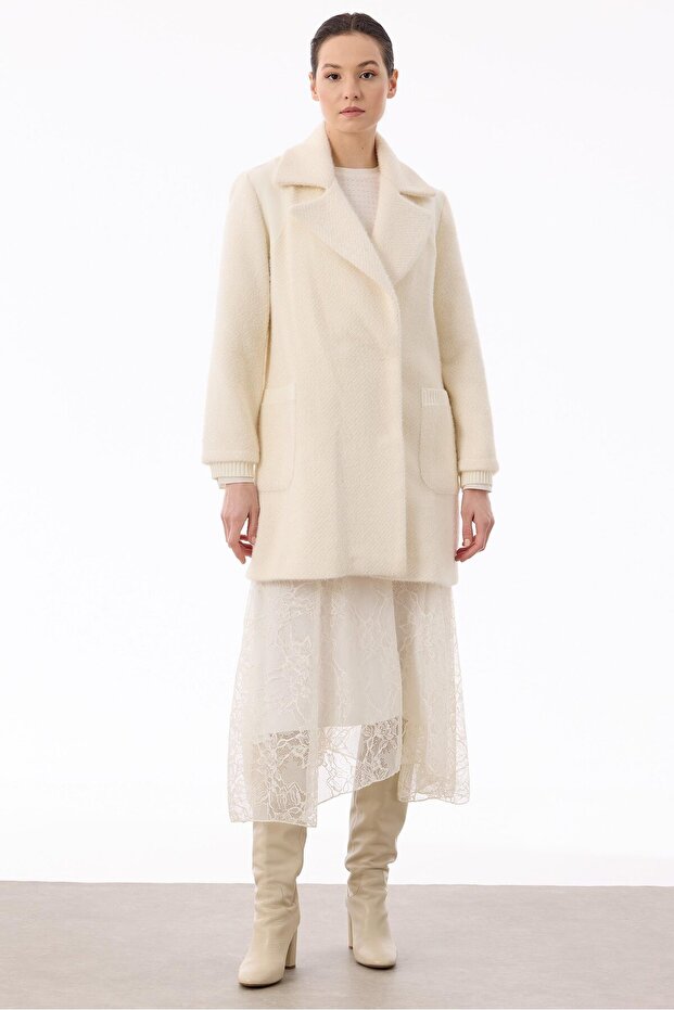 Double-Breasted Knitwear Combination Coat with Hidden Snaps Ecru