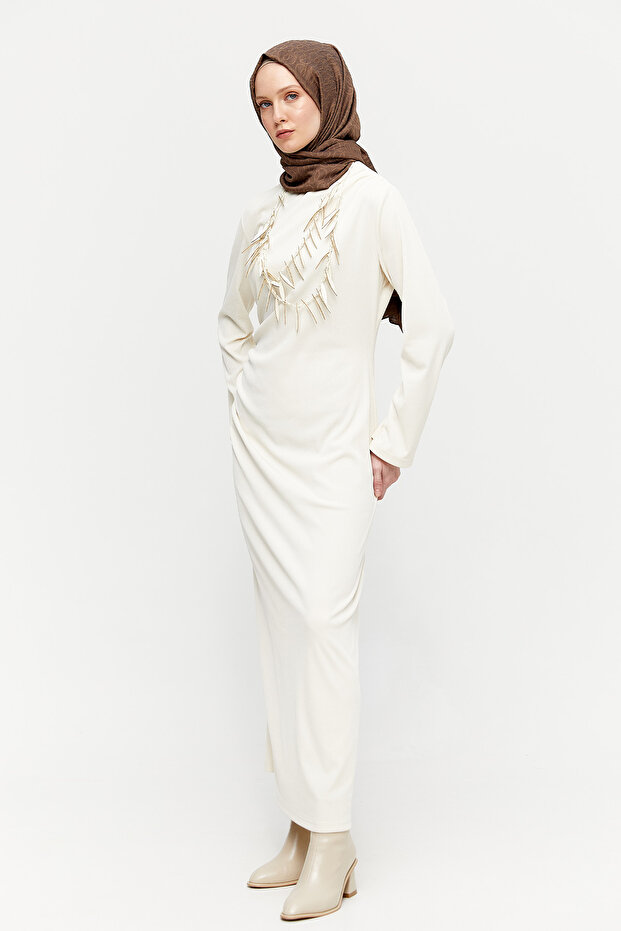 Çıkarılabilir Kolyeli Drapeli Elbise - 3