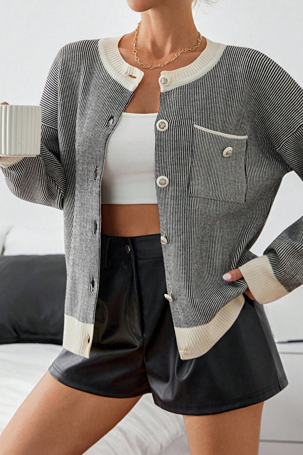 Women's Black and White Striped Buttoned Knitwear Cardigan
