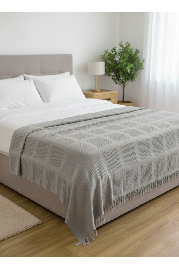 %100 Pamuk Çift Kişilik Pike , Püsküllü Yatak Örtüsü Kare Waffle Desen 220x240 - 3