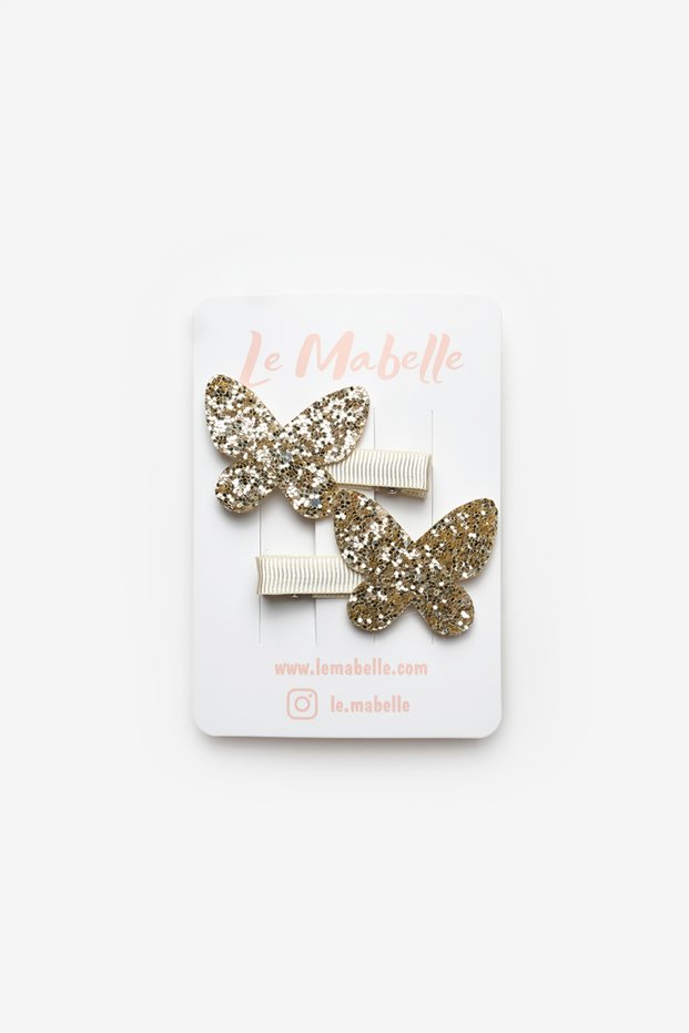 Set of 2 Girls' Clip Buckles with Gold Glitter Butterfly Figures