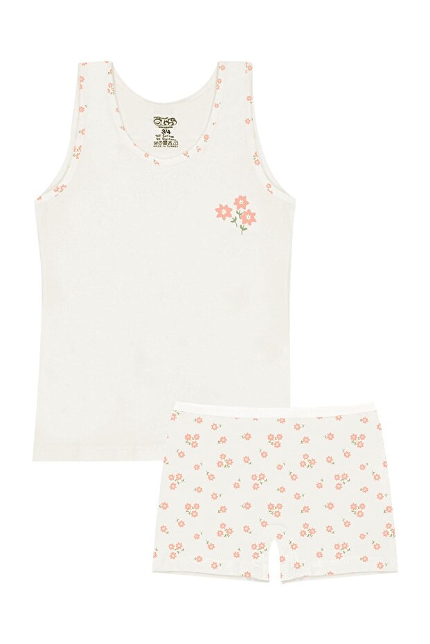 Kız Çocuk Atlet Boxer Likralı Ekru Çiçekli (%96 Pamuk - %4 Elastan) - 1
