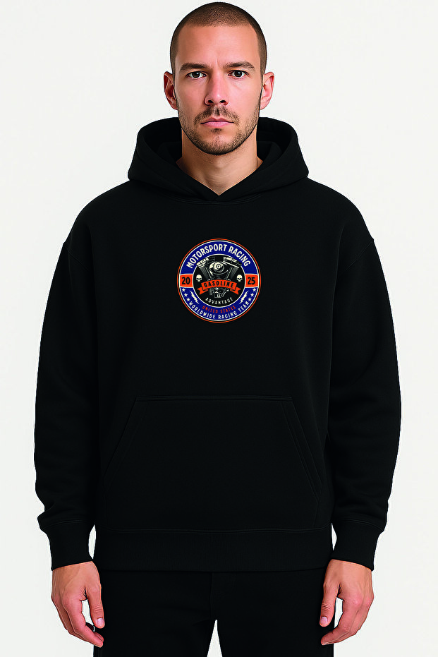 Racing Motorsport Licensed Logo Printed Black Oversize Hooded Sweatshirt Hoodie