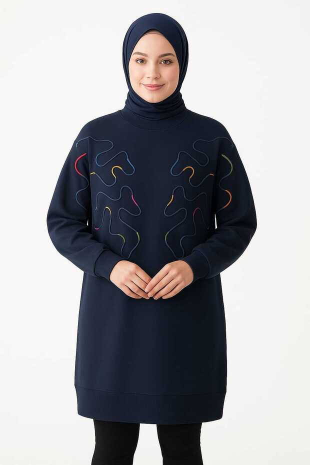 Women's Navy Blue Colorful Embroidery Detailed Hijab Sweat Tunic - Comfortable Oversize Fit
