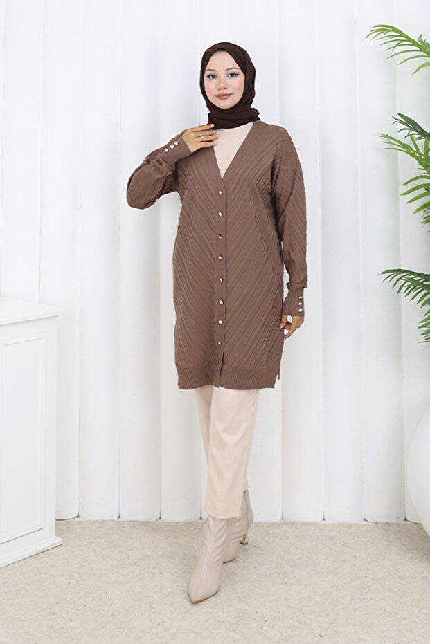 Patterned Long Mercerized Cardigan N3198 Mink